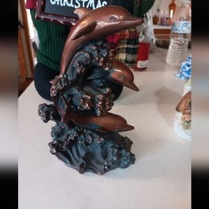 !7” Resin Dolphin Statue Figurine 3 Dolphins Riding Waves Brown Color